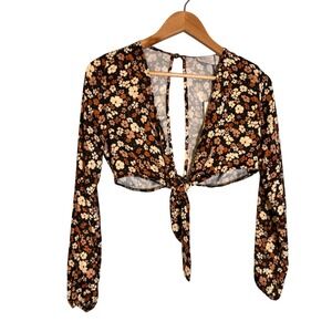 NWT RESA Floral Front Tie Crop Top Long Sleeve Sz XS Brown Open Back Swim Cover